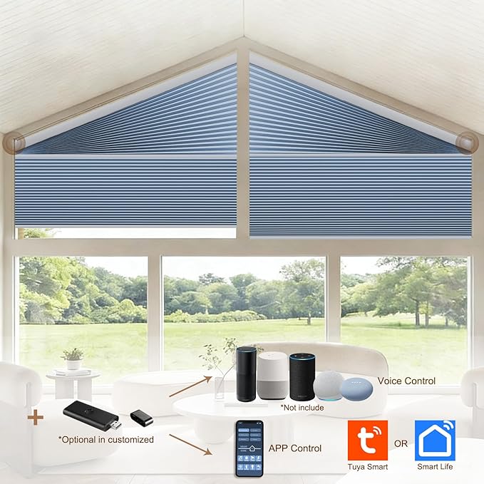 Godark Smart Angled Customized Blackout Honeycomb Blinds Suitable for Trapezoidal/Triangular/Polygonal Windows Motorized Cellular Shades Compatible with Alexa/Google Home/Tuya APP-Blue