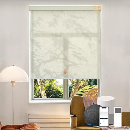 Motorized Light Filtering Roller Shades with Remote Control, Electric Smart Shades Compatible with Alexa and Google, Rechargeable, Customizable Size (Flax Beige White)