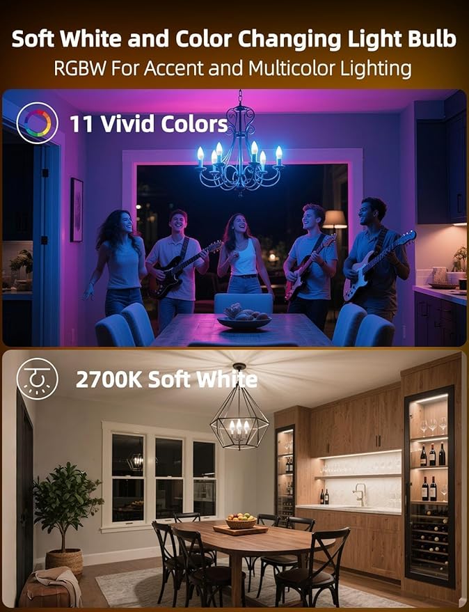 HEKEE E12 Candelabra Light Bulbs, Color Changing Bulb with Remote, Plug-in Only, E12 Base, 12 RGB+2700K Warm White, 40W Equiv (5W), 450LM, Timer, 2 Modes, for Chandelier/Ceiling Fan, 4 Pack