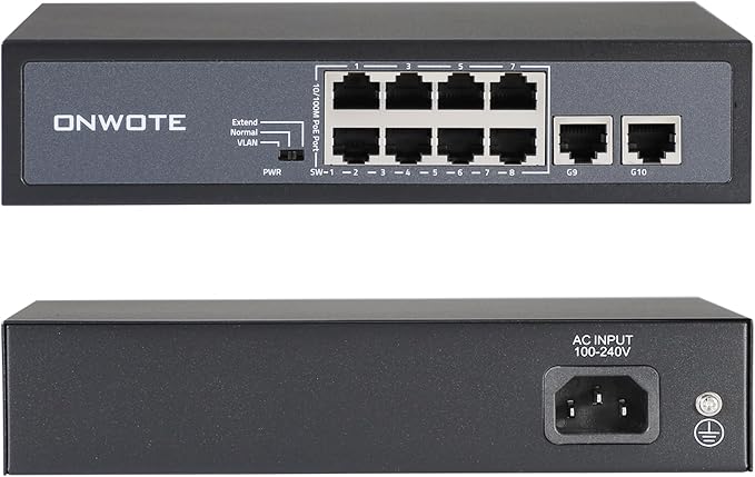 ONWOTE 8 Ports 120W(AC100-240V) Ethernet PoE Switch, 2 x Uplink Gigabit RJ45 Ports, Support 4K 8MP 5MP PoE IP Security Cameras, Add-on PoE Injector to PoE NVR System