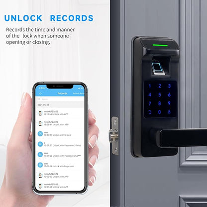 Harfo Fingerprint Door Lock, Heavy Duty Full APP Control Touchscreen Keypad Keyless Lock with Reversible Handle, Perfect for Home/Office/Bedroom Doors (Black)