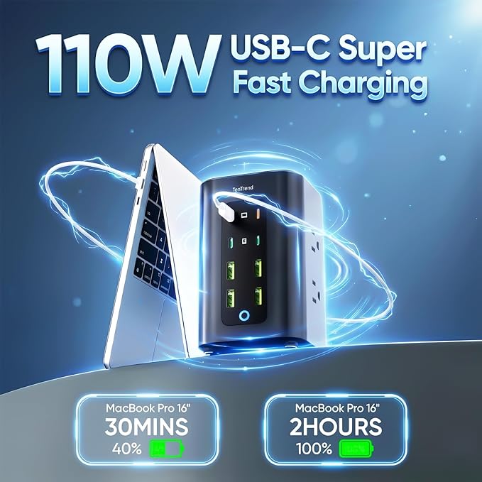 TenTrend Power Strip Tower (350W), 14-in-1 USB-C Charging Station Tower with 2000J Surge Protection, 5FT Extension Cord with 6 AC Outlets & 8 USB Ports for Home Office Dorm Essentials