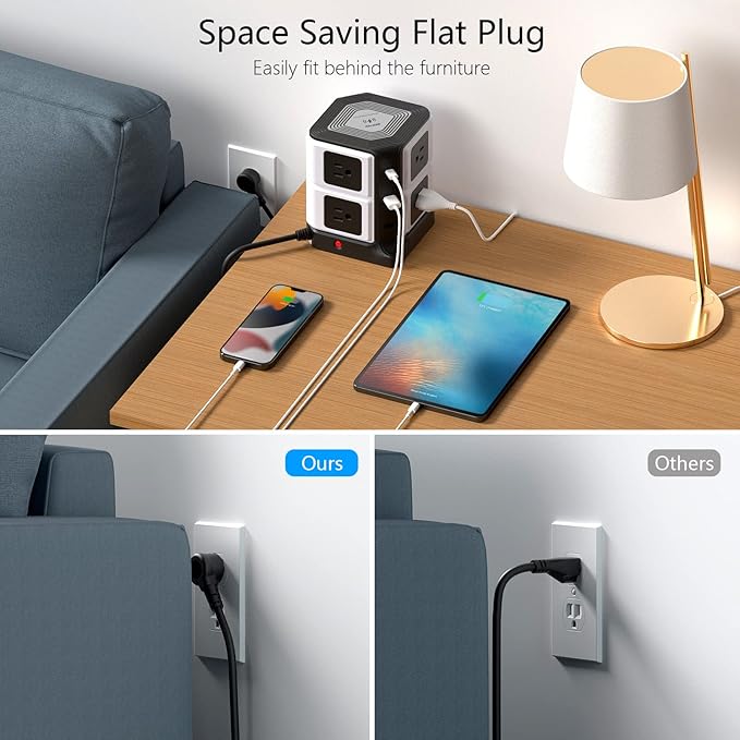PD 20W USB C Power Strip with Wireless Charger BESTEK 8-Outlet Surge Protector and 30W 3-Port USB Charging Dock Station,4000 Joules,ETL Listed,Dorm Room Accessories (8AC+3USB+Wireless Charger-Black)