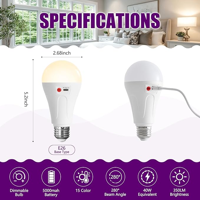 5000mAh Rechargeable Light Bulbs with Remote, E26 A21 Wireless Battery Operated LED Light Bulbs for Lamp, 12 RGB Dimmable Color Changing Light Bulb for Outdoor Use, 1 Pack