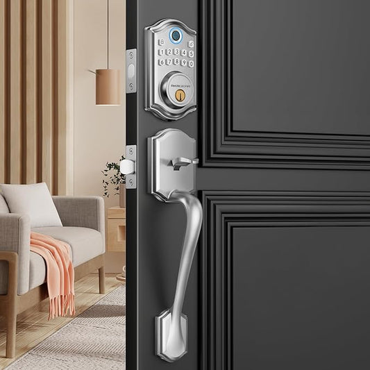 AkaGear DS10 Keyless Entry Door Lock with Handle Set - Fingerprint Door Locks, Electronic Keypad Deadbolt, Smart Locks for Front Door, Auto-Lock & One Touch Locking, Easy Installation - Satin Nickel