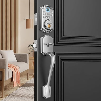 AkaGear DS10 Keyless Entry Door Locks - Keypad Lock with Handle Set, Fingerprint Deadbolt, Smart Locks for Front Doors, Auto-Lock & One Touch Locking, 2 Keys, Easy Installation - Satin Nickel