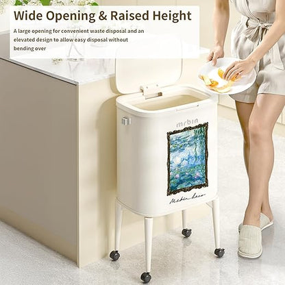 MRBIN Metal Kitchen Trash Can with Wheel Legs, 36L / 9.5gal Medium Press Lid Slim Removable Waste Basket, Pet Proof Tall Narrow Garbage Pail for Vanity, Bedroom, Bathroom, Living Room, Water Lily