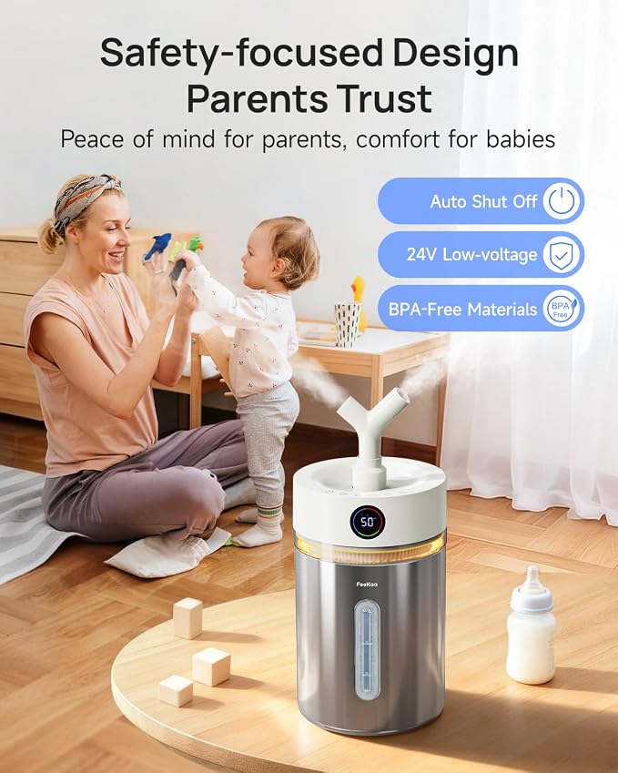 Feekaa Stainless Steel Humidifier, 4L/1Gal Cool Mist Humidifiers for Bedroom, Easy to Clean Dishwasher Safe Humidifier Large Room with Diffuser, Humidifiers for Baby Nursery Living Room Office Plant