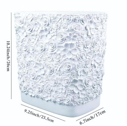 Hymmah Bathroom Trash Can 1.8 Gallon(7 Liter) Small Kitchen Garbage Can,Decor Wastebasket for Bedroom Office,Resin Hand-Carved Rose Flower White