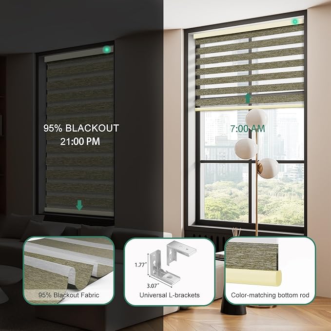 Motorized Zebra Blinds with Remote, Work with HomeKit Alexa Automatic Electric Window Shades 95% Blackout Light Filtering for Smart Home and Office, Customized Size Modern Brown