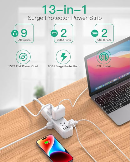 Mifaso Extension Cord, Surge Protector Power Strip, Long Power Strip with 9 Outlets 4 USB Ports, Extension Cord with Multiple Outlets, USB Power Strip for Dorm Room Essentials, College(15FT, White)