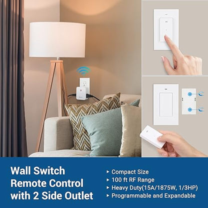 DEWENWILS Remote Control Outlet, Wireless Light Switch with 2 Side Outlets, 100 FT Range Remote Outlet Switch for Lamps, Fans, Household Appliance, No Wiring, 15A/1875W, Compact Design, Programmable
