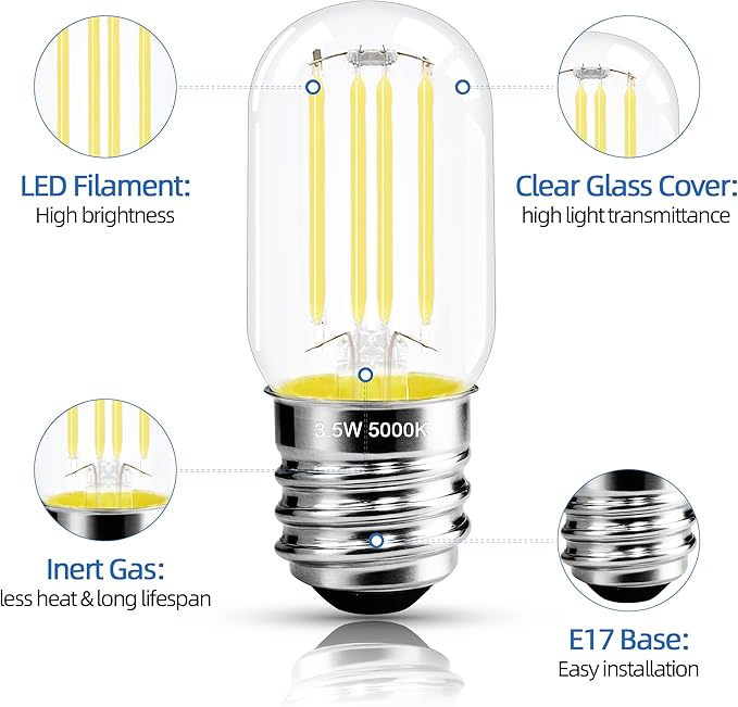 2.5 in E17 Intermediate Base LED Filament Bulb 360 Lumens, 5000K Daylight White Dimmable Appliance Bulb AC 120V, UL Certified T8 Microwave Light Bulbs Under Hood for Refrigerator Stove 4Pack