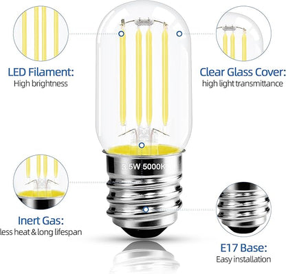 2.5 in E17 Intermediate Base LED Filament Bulb 360 Lumens, 5000K Daylight White Dimmable Appliance Bulb AC 120V, UL Certified T8 Microwave Light Bulbs Under Hood for Refrigerator Stove 4Pack
