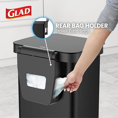 Glad Stainless Steel Step Trash Can, Series 2 with Clorox Protection - Large Black Kitchen Garbage Bin with Soft Close Lid, Foot Pedal and Waste Bag Roll Holder, 20 Gallon