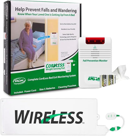 Smart Caregiver Wireless Bed Alarm System - Cordless Weight Sensing Bed Alarm Pad (10” x 30”) with Remote Alert Monitor, Free Individual Cleaning Wipes and Liberty 7 Day Pill Box