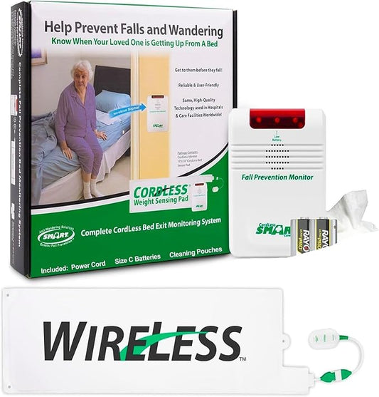 Smart Caregiver Wireless Bed Alarm System - Cordless Weight Sensing Bed Alarm Pad (10” x 30”) with Remote Alert Monitor, Free Individual Cleaning Wipes and Liberty 7 Day Pill Box