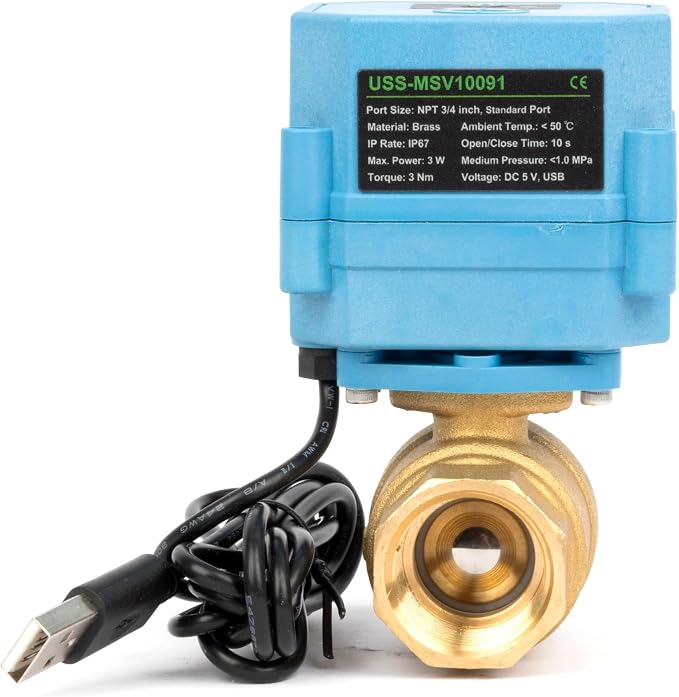 U.S. Solid WiFi Smart Motorized Ball Valve 3/4 inch NPT for Water Control & Irrigation, 2 Way Brass Electric Valve, USB Powered, LED Status Indicator, Flow Direction Window, Remote On/Off Control