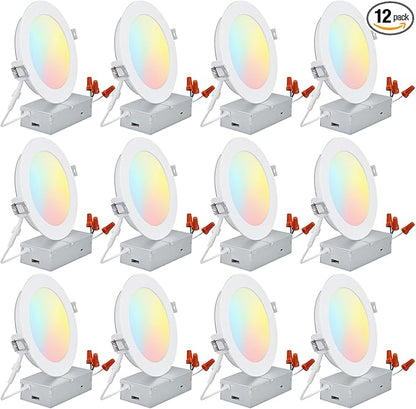TORCHSTAR 12-Pack 6 Inch 5CCT LED Recessed Lighting, CRI 90, 2700K3000K3500K4000K5000K Selectable, Dimmable 1000lm Brightness Slim LED Downlight, ETL Listed