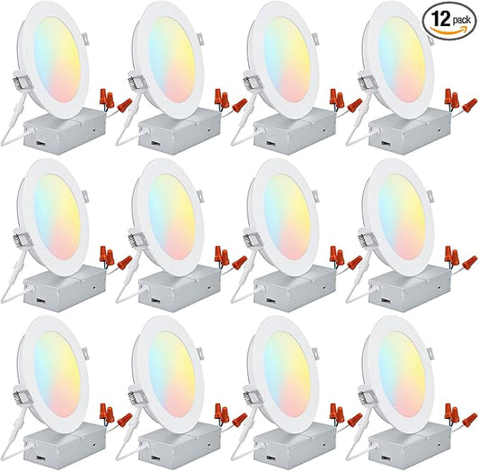 TORCHSTAR 12-Pack 6 Inch 5CCT LED Recessed Lighting, CRI 90, 2700K3000K3500K4000K5000K Selectable, Dimmable 1000lm Brightness Slim LED Downlight, ETL Listed