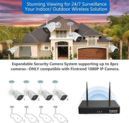 Firstrend 1080P Wireless Security Camera System Outdoor,8CH NVR 2 Way Audio 4pcs 2MP WiFi IP CCTV Cameras with Motion Detection for Home Security,IP66 Waterproof,24/7 Recording,No Monthly Fee
