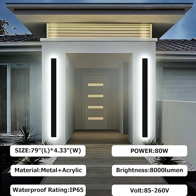 Upgraded 79 inch 2pcs Modern Wall Light, 4.33 Inch Wide Dimmable Linear Wall Sconce, Waterproof IP65, Black LED Long Outdoor Lights for Garage, Front Door, Exterior Wall Lights