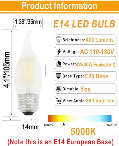 Chandelier LED Light Bulbs 40W Equivalent E26 Base,Dimmable 4W 5000K Daylight White,B11 E26 Candelabra Bulb Frosted Flame Bent Tip Shape,6 Pack