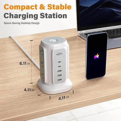 AiJoy 10FT Flat Plug Power Strip Tower with 9 AC Outlets and 5 USB Ports | 1200J Surge Protector Power Strip Outlet Extender Charging Station for Home, Office Supplies, Dorm Essentials