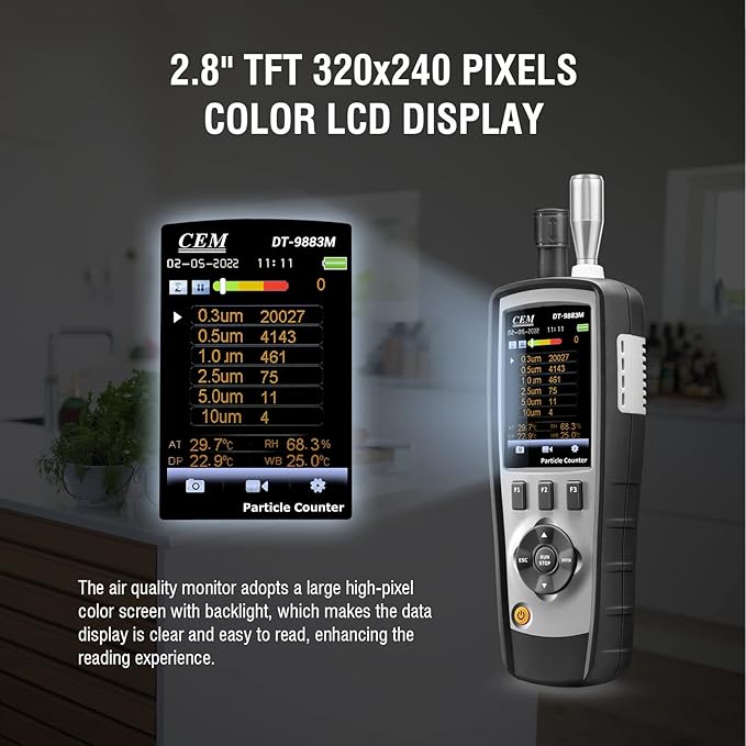 CEM T.ax Included DT-9883M cleanroom Particle Counter PM2.5/10 HCHO CO2 TVOC Air Particle (0.3,0.5,1.0,2.5,5.0,10μm Supports Photos and Camera