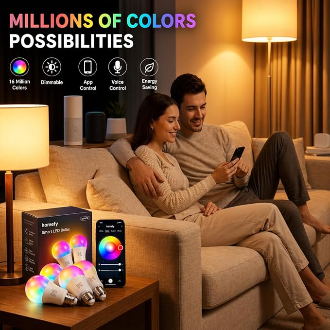 Smart Light Bulbs 2 Pack, A19 Color Changing LED (800 Lumens), WiFi & Bluetooth, Music Sync, Compatible with Alexa & Google Assistant, No Hub Needed, 16 Million Colors