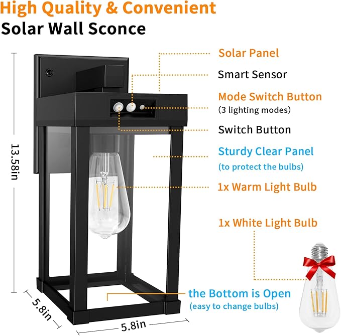 Solar Wall Lights Outdoor with 3 Lighting Modes & Motion Sensor, Solar Porch Light with 2 Bulbs, Waterproof Outdoor Wall Sconce Lantern Lamp Fixture for Garage Porch Shed Barn Yard Garden Front Door