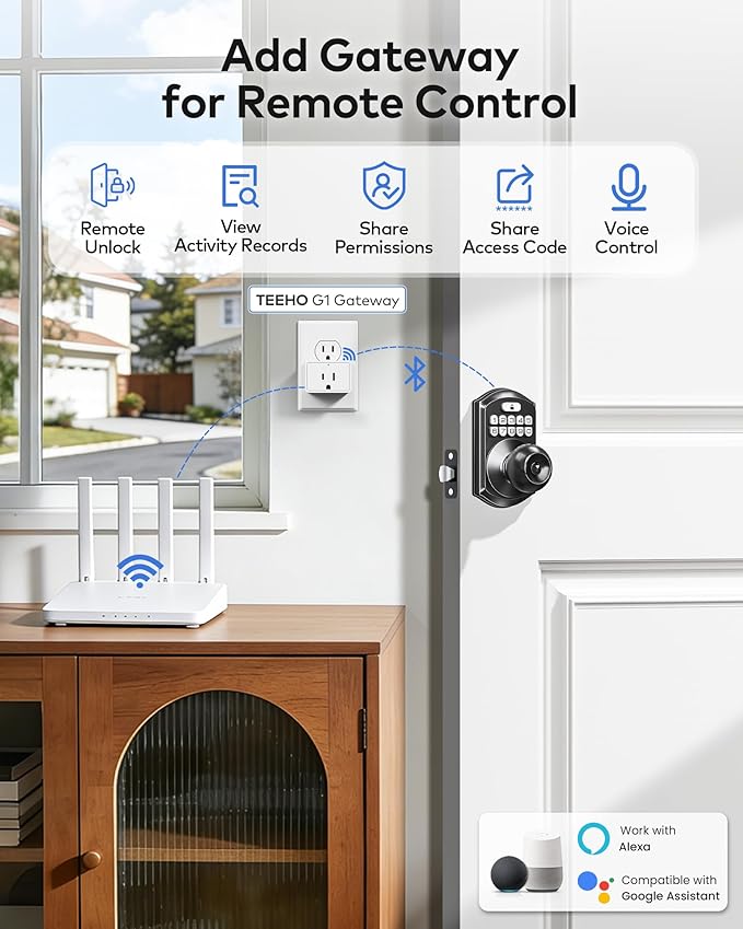 TEEHO TE018 Smart Door Knob with Keypad, App Control, Keyless Entry Digtal Door Lock with Handle, Remote Share One-Time Code, Auto Lock, Easy Installation for Front Door, Bedroom, Rental, Matte Black
