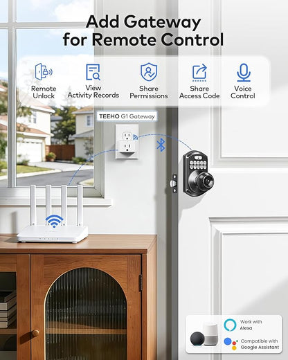 TEEHO TE018 Smart Door Knob with Keypad, App Control, Keyless Entry Digtal Door Lock with Handle, Remote Share One-Time Code, Auto Lock, Easy Installation for Front Door, Bedroom, Rental, Matte Black