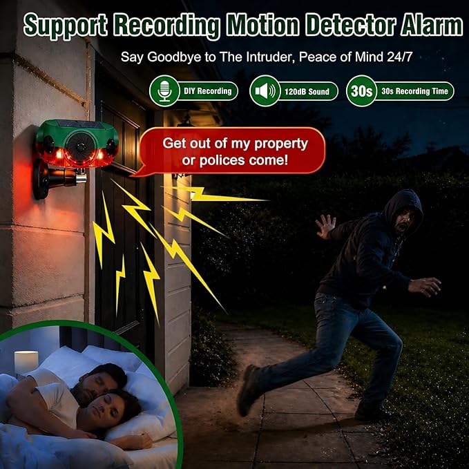 ChunHee Outdoor Motion Sensor Alarm, Barking Dog Alarm with 360° Detection, Supports Voice Recording, Adjustable Volume, 120dB Motion Activated Alarm for Home, Garden, Yard, Farm – 2Pack