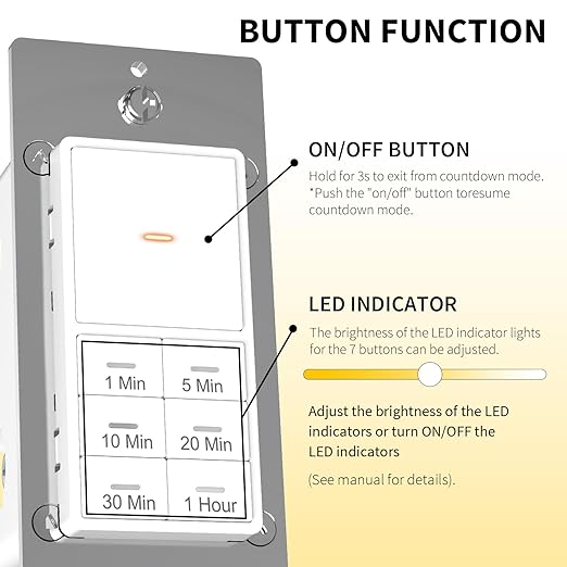 Minoston Timer Lights Switch, 1-60 Min, Countdown Wall Timer for Bathroom Fans, Heaters, Adjustable LED Brightness, 120VAC, Neutral Required, ETL and FCC Listed, White (MT11N)
