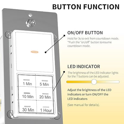 Minoston Timer Lights Switch, 1-60 Min, Countdown Wall Timer for Bathroom Fans, Heaters, Adjustable LED Brightness, 120VAC, Neutral Required, ETL and FCC Listed, White (MT11N)