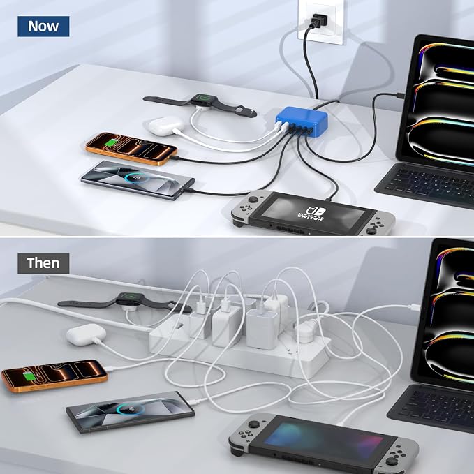 100W 6 in 1 USB Charger, 50% Smaller Charging Station for Multiple Devices | Fast Charging Blocks with Type C Port, USB Charging Hub Organizer Multiport Power Strip for iPhone,Samsung,Ipad,Kindle,Travel