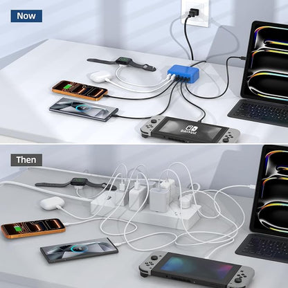100W 6 in 1 USB Charger, 50% Smaller Charging Station for Multiple Devices | Fast Charging Blocks with Type C Port, USB Charging Hub Organizer Multiport Power Strip for iPhone,Samsung,Ipad,Kindle,Travel