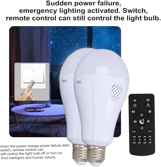 Rechargeable Emergency Light Bulbs with Remote, 3 Color Temperatures and Dimmable 1200mAh 12W Removable Battery Operated Light Bulb for Home, Camping, Tent,Pack of 2（2 Bulb+1 Remote,with Hook）