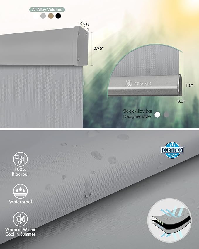 Yoolax Motorized Shower Roller Shades for Bathroom with Remote Control, Automatic Heavy Duty Thick Fabric Shower Curtain Compatible with Alexa, Blackout Battery Solar Powered Blind Custom (LightGrey)
