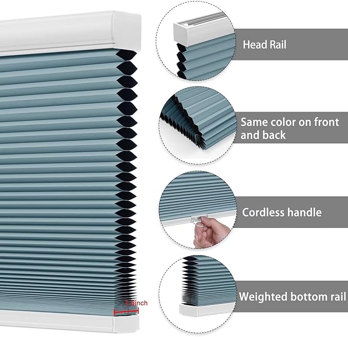 Changshade Cellular Shades Blackout Cordless Custom Size, Honeycomb Indoor Window Blinds Room Darkening 1.5 inch Cell Pleated Easy to Install for Home, Office, Bedroom, Nursey, Blue