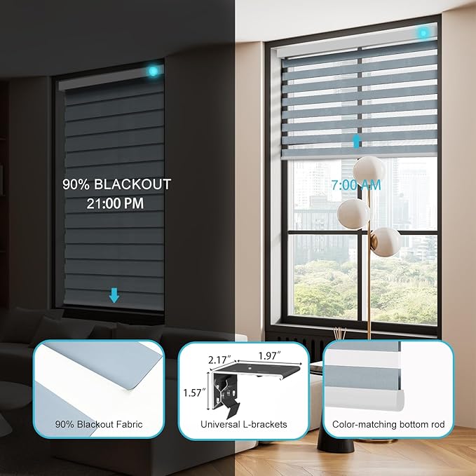 Motorized Zebra Blinds with Remote, Work with HomeKit Alexa, Smart Light Filtering Horizontal Automatic Electric Window Shades for Home Office Customsize(90% Blackout Wide Blue)