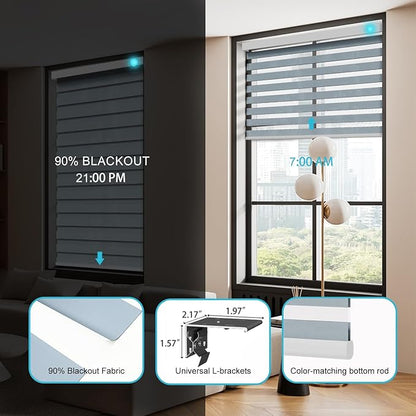 Motorized Zebra Blinds with Remote, Work with HomeKit Alexa, Smart Light Filtering Horizontal Automatic Electric Window Shades for Home Office Customsize(90% Blackout Wide Blue)