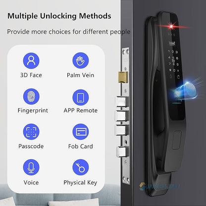 3D Face Recognition Smart Lock with Camera - Palm Vein & Fingerprint Keypad Door Handle - Video Doorbell, 4" HD Screen - Keyless Entry Electronic Mortise Deadbolt for Front Door, Waterproof