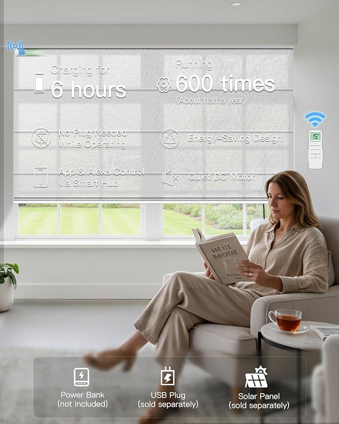 Motorized Roman Shades for Windows, Custom Light Filtering Roman Blinds with Remote, Smart Privacy Window Shades for Living Room Kitchen Office, Alexa & Google Home Compatible, App Control via RF Hub