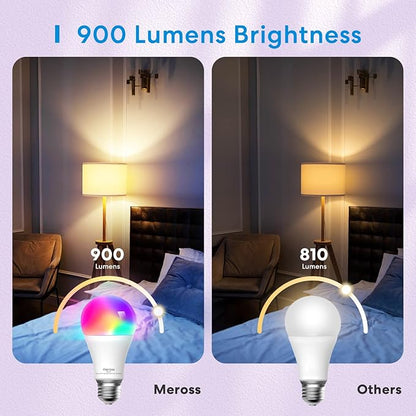 meross Smart Light Bulb, Smart WiFi LED Bulbs Compatible with Apple HomeKit, Siri, Alexa, SmartThings, Dimmable E26 Multicolor 2700K-6500K RGBWW, 900 Lumens 60W Equivalent, 4 Pack
