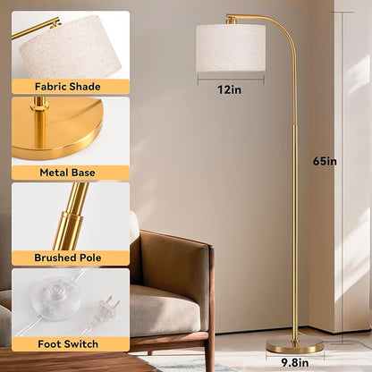 Gold Floor Lamp for Living Room,65'' Modern Standing Lamps with LED Bulb,Elegant Floor Light with Fabric Shade,Tall Lamp for Bedroom Office Study Room Corner Dining Room（Remote not Include）