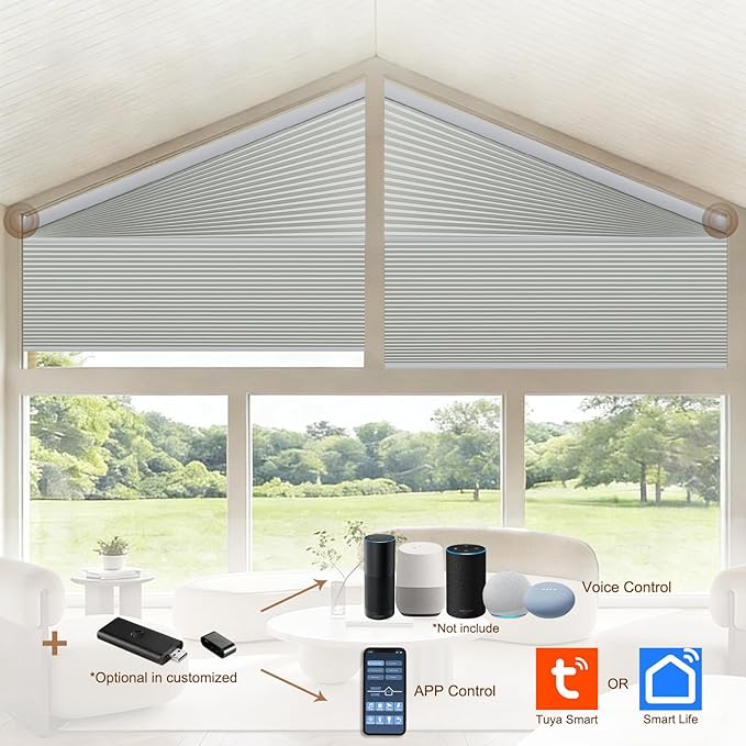 Godark Smart Angled Customized Blackout Honeycomb Blinds Suitable for Trapezoidal/Triangular/Polygonal Windows Motorized Cellular Shades Compatible with Alexa/Google Home/Tuya APP-Ligth Grey