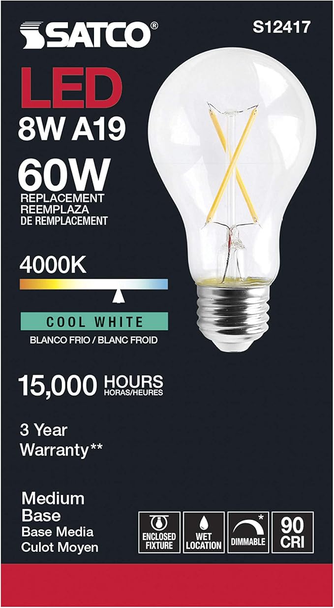 Satco Dimmable LED Filament A19 Light Bulbs, 8 Watt, 800 Lumens, 4000K Cool White, 90+ CRI, Clear Finish, E26 Medium Base, 120 Volt, Dimmable, Wet Location, Residential & Commercial, 6 Pack