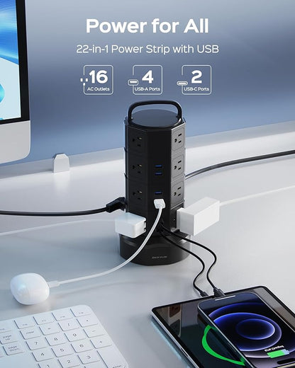 Power Strip Tower Surge Protector, JACKYLED 16 Outlets 6 USB (2 USB C) Charging Station, Extension Cord with Multiple Outlets, 1050J 1625W/13A Outlet Extender 6.5ft Extension Cord for Home Office